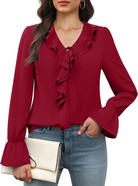 Women’s Ruffle Chiffon Long Sleeve Blouse - Image 8