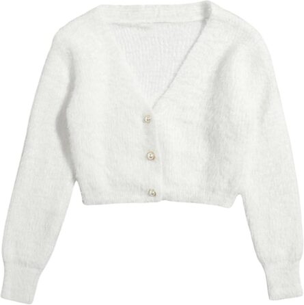 Women’s Fuzzy Cropped Pearl Cardigan - Image 5