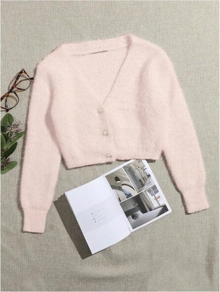 Women’s Fuzzy Cropped Pearl Cardigan - Image 3