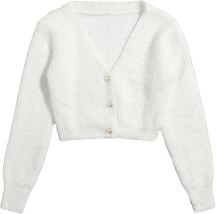 Women’s Fuzzy Cropped Pearl Cardigan - Image 6