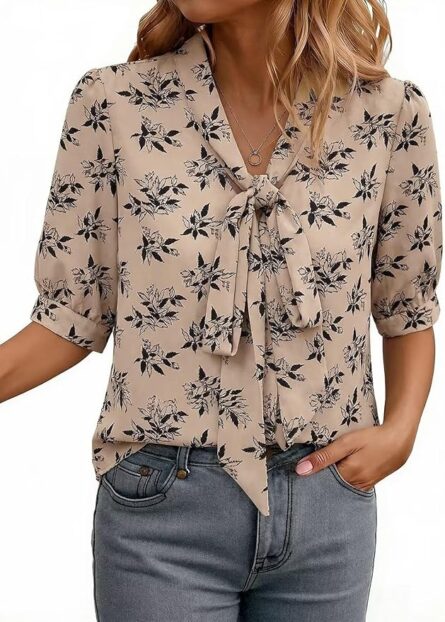 Women’s Bow Tie V Neck Work Blouse - Image 7