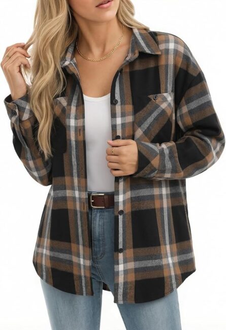 Women’s Oversized Long Sleeve Button Plaid Flannel Shirt - Image 8