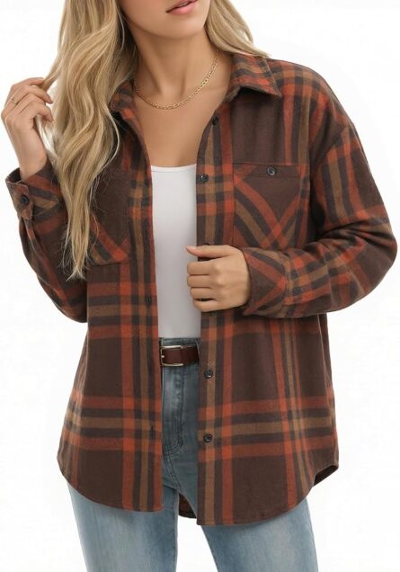 Women’s Oversized Long Sleeve Button Plaid Flannel Shirt - Image 7