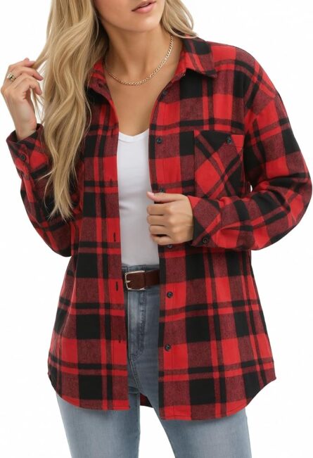 Women’s Oversized Long Sleeve Button Plaid Flannel Shirt - Image 6