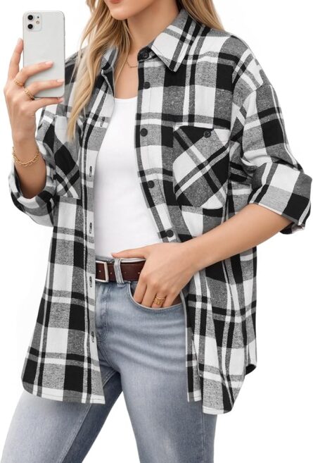 Women’s Oversized Long Sleeve Button Plaid Flannel Shirt - Image 3
