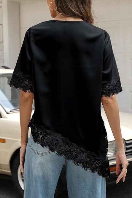 Women’s Satin Lace Tee Shirt Asymmetrical Oversized Top - Image 4