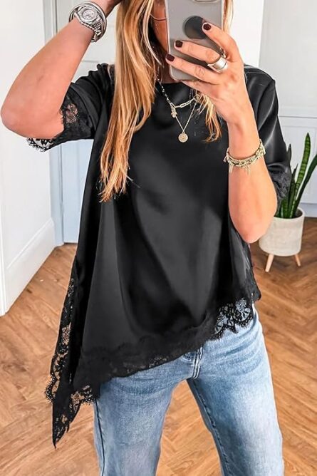 Women’s Satin Lace Tee Shirt Asymmetrical Oversized Top - Image 3