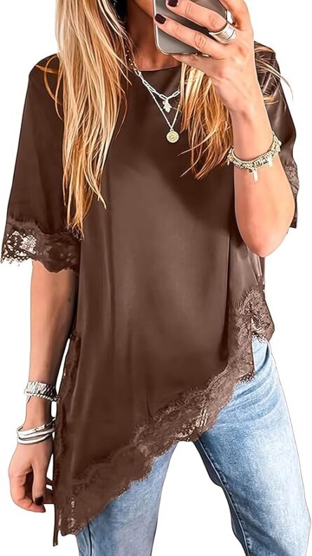 Women’s Satin Lace Tee Shirt Asymmetrical Oversized Top - Image 7