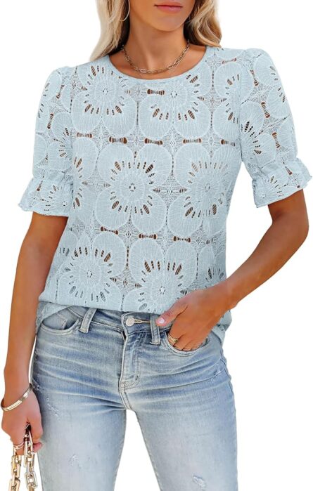 Women’s Eyelet Lace Puff Sleeve Blouse - Image 7