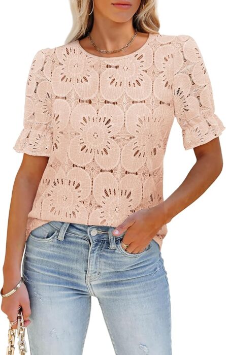 Women’s Eyelet Lace Puff Sleeve Blouse - Image 6