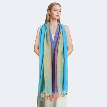 Rainbow Pashmina Shawl Wrap – Peacock Print Evening Scarf - Image 5