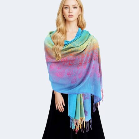 Rainbow Pashmina Shawl Wrap – Peacock Print Evening Scarf - Image 4