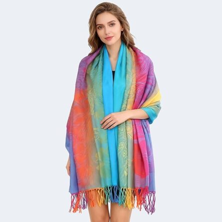 Rainbow Pashmina Shawl Wrap – Peacock Print Evening Scarf - Image 3