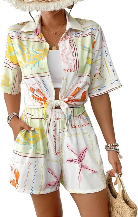 Tropical Print Summer Co-Ord – Button Shirt & Shorts Set