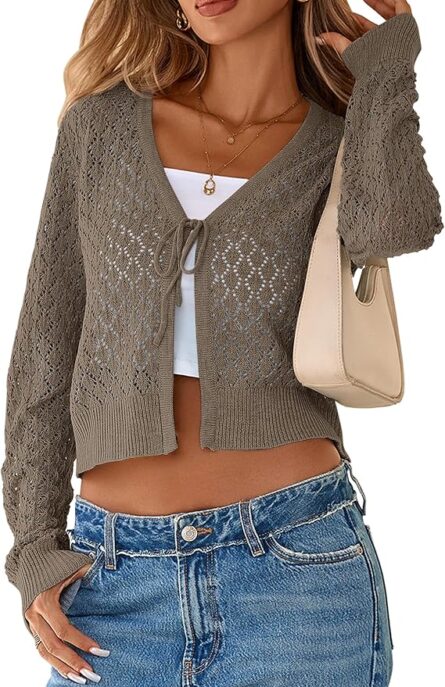 Women’s Crochet Tie Front Cropped Cardigan - Image 4