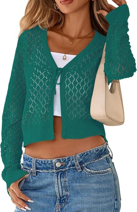 Women’s Crochet Tie Front Cropped Cardigan - Image 5