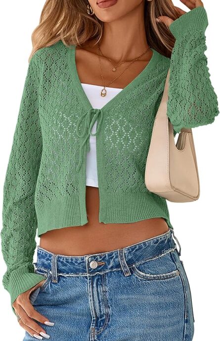 Women’s Crochet Tie Front Cropped Cardigan - Image 7