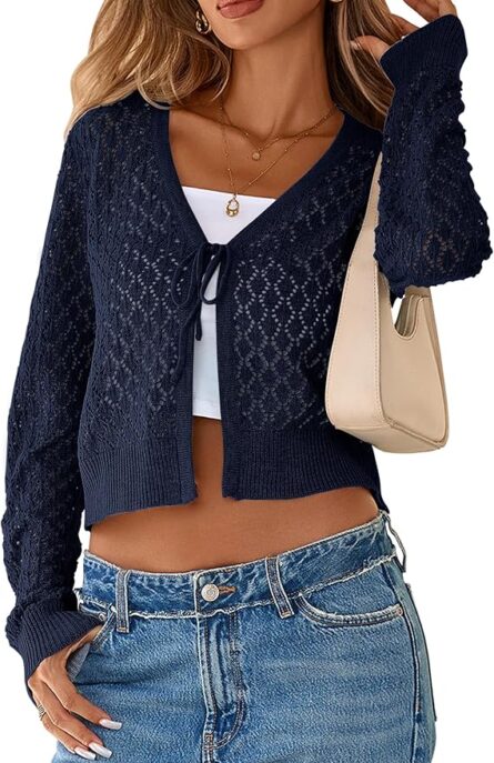 Women’s Crochet Tie Front Cropped Cardigan - Image 8