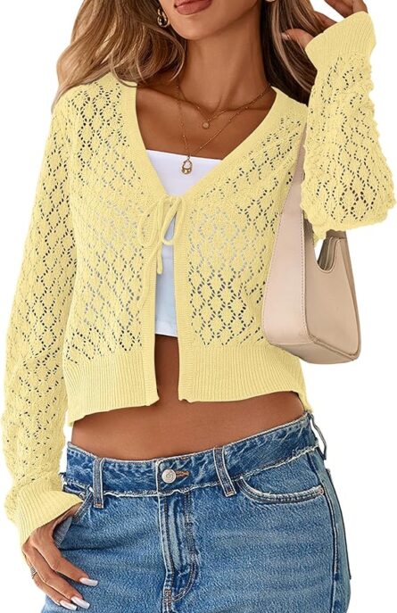 Women’s Crochet Tie Front Cropped Cardigan - Image 6
