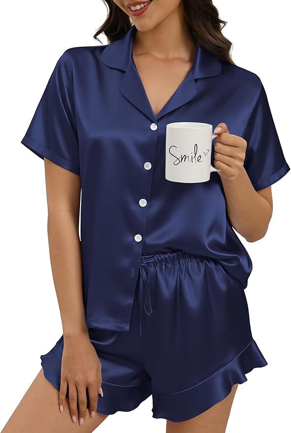 Women-silk-pajama-set-navy-blue