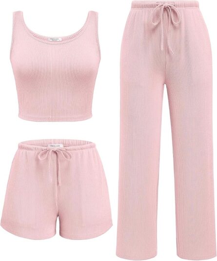 Rib Knit 3 Piece Holiday Lounge Co-Ord – Crop Top, Shorts & Trousers