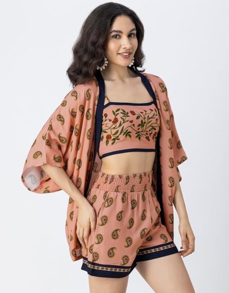 Printed Summer Co-Ord Set – Crop Top, Shorts & Lightweight Shrug