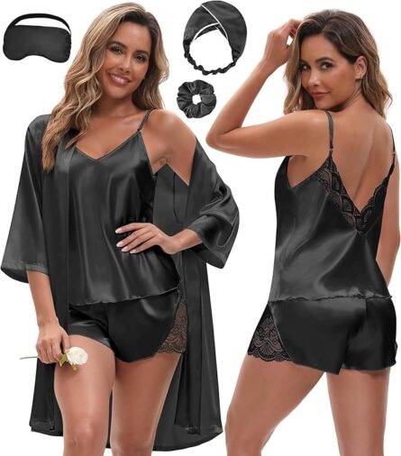 Luxury Satin Lace Cami, Shorts & Robe Pyjama Set - Image 2