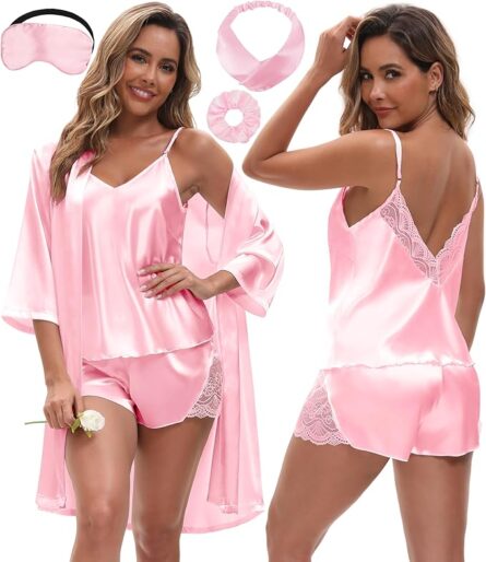 Luxury Satin Lace Cami, Shorts & Robe Pyjama Set - Image 5