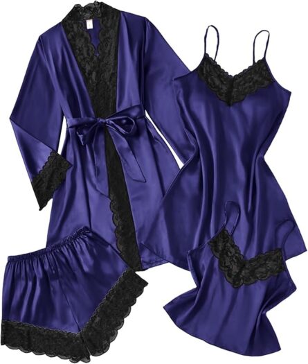 Luxury 4 Piece Satin Sleepwear Set with Lace Trim - Image 7