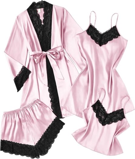 Luxury 4 Piece Satin Sleepwear Set with Lace Trim - Image 6
