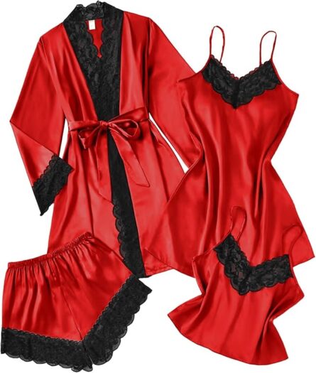 Luxury 4 Piece Satin Sleepwear Set with Lace Trim - Image 5