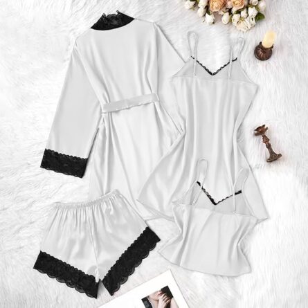 Luxury 4 Piece Satin Sleepwear Set with Lace Trim - Image 4