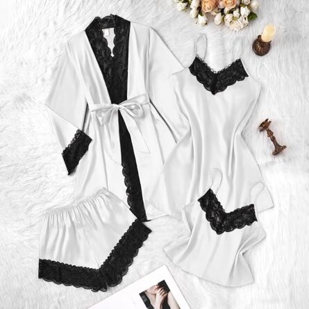 Luxury 4 Piece Satin Sleepwear Set with Lace Trim - Image 3