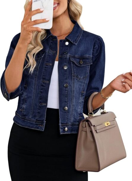 Women's Cropped Denim Shacket with Puff Sleeves & Pockets - Image 7
