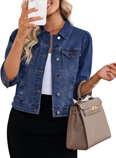 Women's Cropped Denim Shacket with Puff Sleeves & Pockets - Image 8