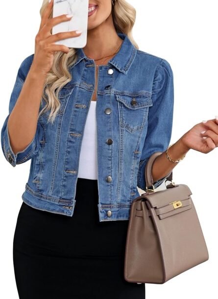 Women's Cropped Denim Shacket with Puff Sleeves & Pockets - Image 9