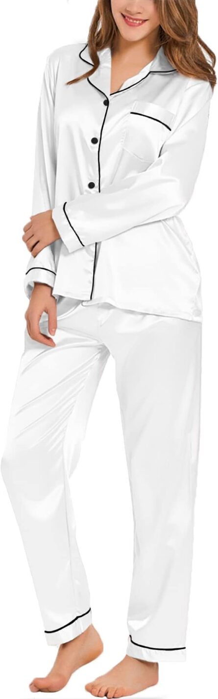 Luxury 2 Piece Silk Satin Pyjama Set with Long Sleeve Button Shirt