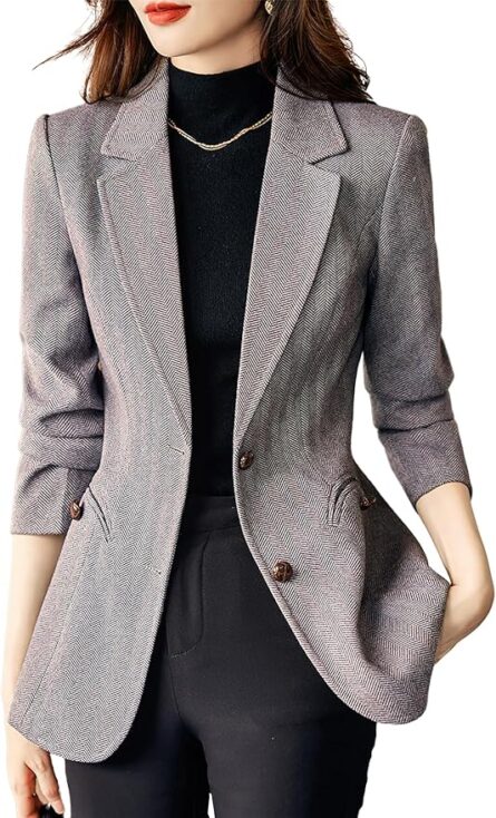 Women's Heritage Check Tailored Blazer – Classic Herringbone Smart Jacket